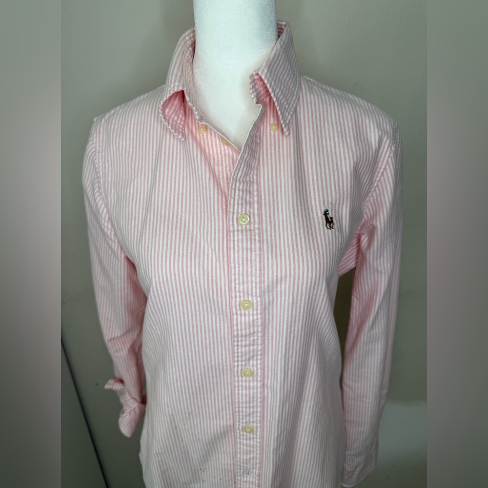 Ralph Lauren Women’s Custom Fit Button-Up Shirt – Pink & White Stripe